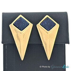 Vintage 1985 Ginnie Johansen Deep Blue Stone Gold Tone Kite Clip On Earrings